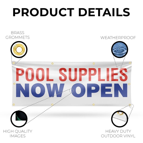 Signmission Pool Supplies Now Open, 36 Inch x 96 Inch, Vinyl Banner - B-96-30813