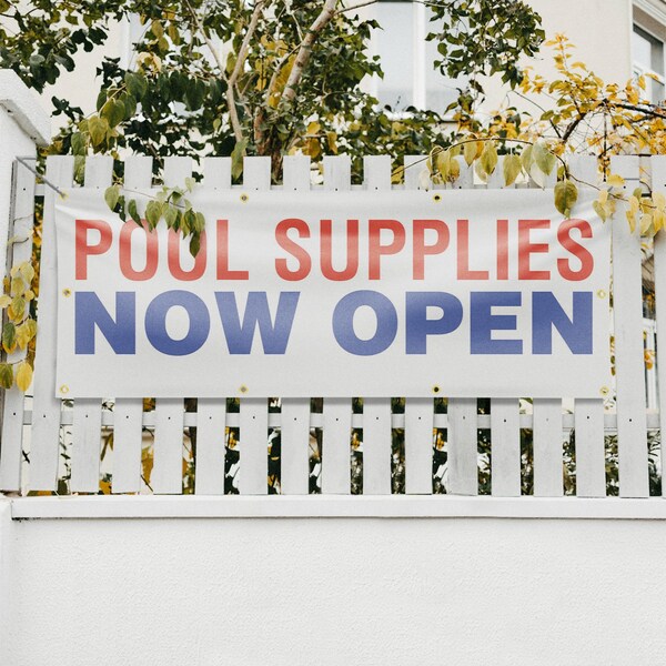 Signmission Pool Supplies Now Open, 36 Inch x 96 Inch, Vinyl Banner - B-96-30813