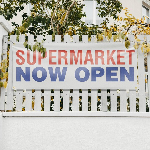 Signmission Supermarket Now Open, 18 Inch x 48 Inch, Vinyl Banner - B-30872