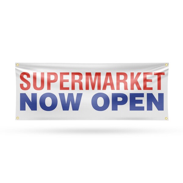 Signmission Supermarket Now Open, 18 Inch x 48 Inch, Vinyl Banner - B-30872