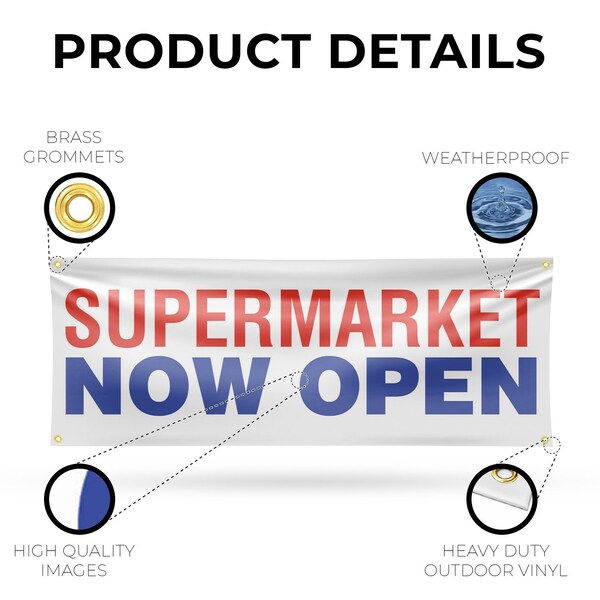 Signmission Supermarket Now Open, 18 Inch x 48 Inch, Vinyl Banner - B-30872