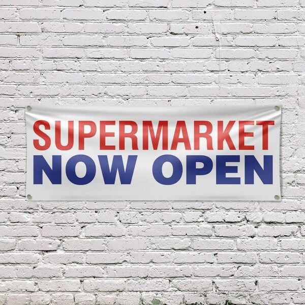 Signmission Supermarket Now Open, 18 Inch x 48 Inch, Vinyl Banner - B-30872