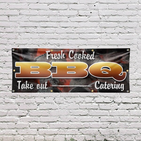 Signmission Fresh Cooked BBQ Take Out Catering, 36 Inch x 96 Inch, Vinyl Banner - B-96-30654
