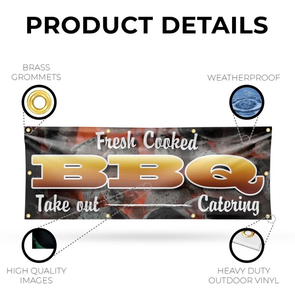 Signmission Fresh Cooked BBQ Take Out Catering, 36 Inch x 96 Inch, Vinyl Banner - B-96-30654