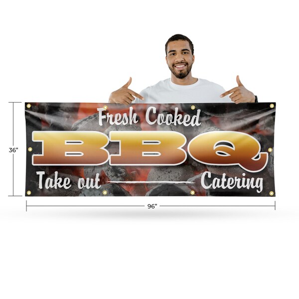 Signmission Fresh Cooked BBQ Take Out Catering, 36 Inch x 96 Inch, Vinyl Banner - B-96-30654