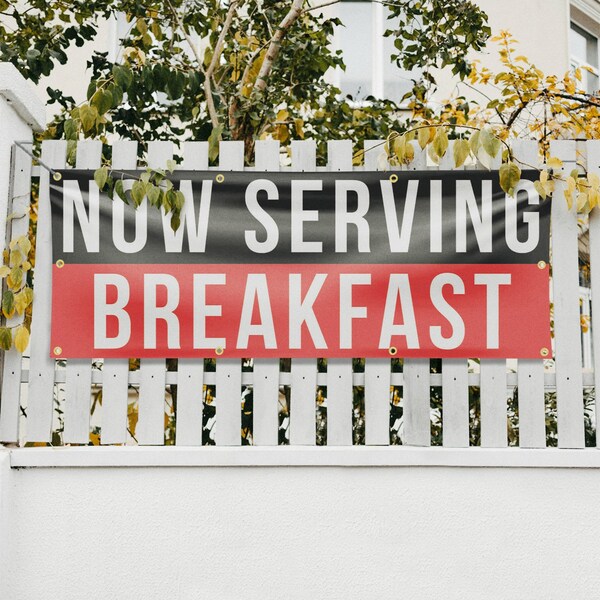 Signmission Now Serving Breakfast, 36 Inch x 96 Inch, Vinyl Banner - B-96-30764