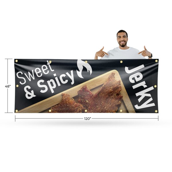 Signmission Sweet and Spicy Jerky, 48 Inch x 120 Inch, Vinyl Banner - B-120-30875
