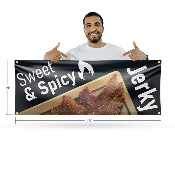 Signmission Sweet and Spicy Jerky, 18 Inch x 48 Inch, Vinyl Banner - B-30875