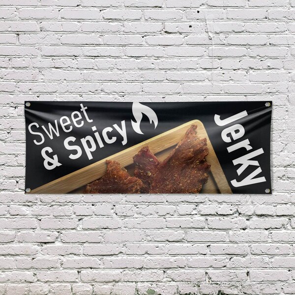 Signmission Sweet and Spicy Jerky, 18 Inch x 48 Inch, Vinyl Banner - B-30875