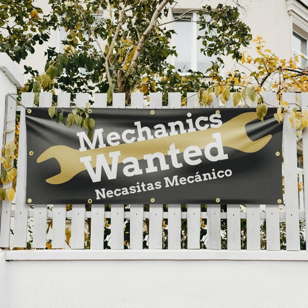 Signmission Mechanics Wanted English Spanish, 48 Inch x 120 Inch, Vinyl Banner - B-120-30735