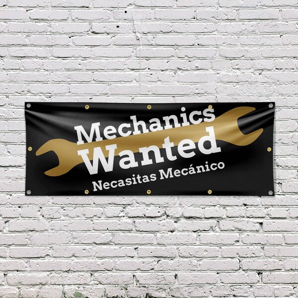 Signmission Mechanics Wanted English Spanish, 48 Inch x 120 Inch, Vinyl Banner - B-120-30735