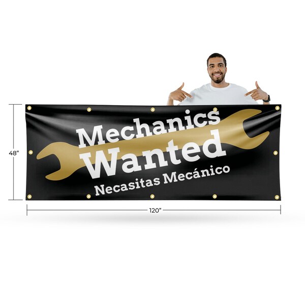 Signmission Mechanics Wanted English Spanish, 48 Inch x 120 Inch, Vinyl Banner - B-120-30735
