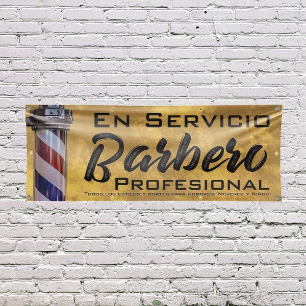 Signmission En servicio barbero profesional, 36 Inch x 96 Inch, Vinyl Banner - B-96-30560