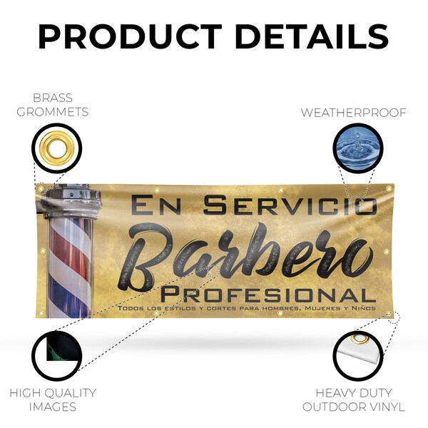 Signmission En servicio barbero profesional, 36 Inch x 96 Inch, Vinyl Banner - B-96-30560