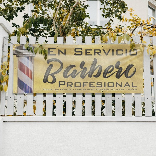Signmission En servicio barbero profesional, 36 Inch x 96 Inch, Vinyl Banner - B-96-30560