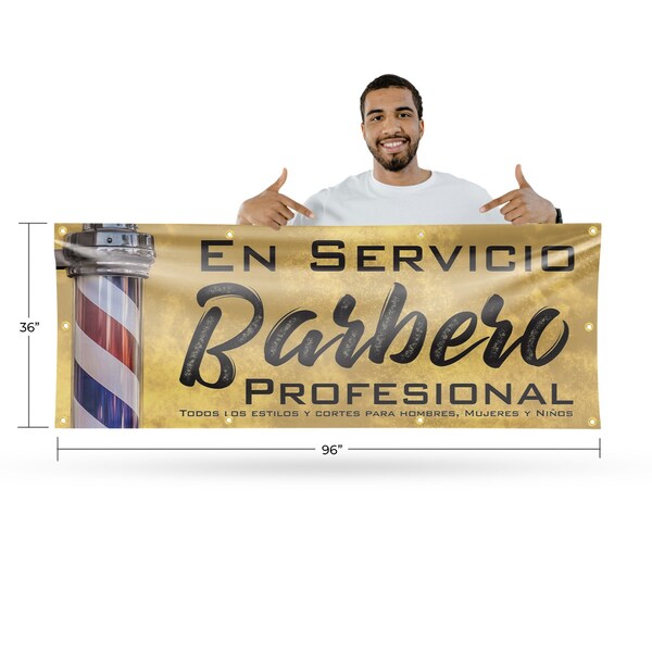 Signmission En servicio barbero profesional, 36 Inch x 96 Inch, Vinyl Banner - B-96-30560