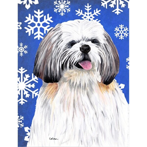 Carolines Treasures 28 x 40 in. Shih Tzu Winter Snowflakes Holiday House Size Canvas Flag - SC9383CHF