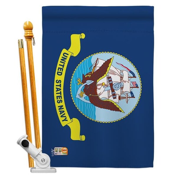 Americana Home & Garden Americana Home & Garden AA-MI-HS-140306-IP-BO-D-US18-AG 28 x 40 in. Navy Military Impressions Decorative Vertical Double Sided House Flag Set & Pole Bracket Hardware Flag Set - HS140306-BO