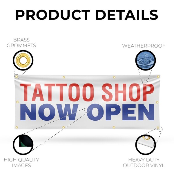 Signmission Tattoo Shop Now Open, 36 Inch x 96 Inch, Vinyl Banner - B-96-30881