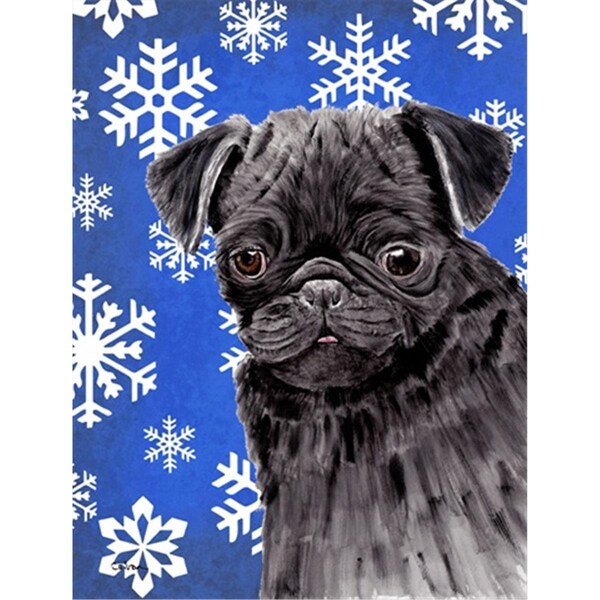 Patioplus 28 x 40 in. Pug Winter Snowflakes Holiday House Size Canvas Flag - PA2554549