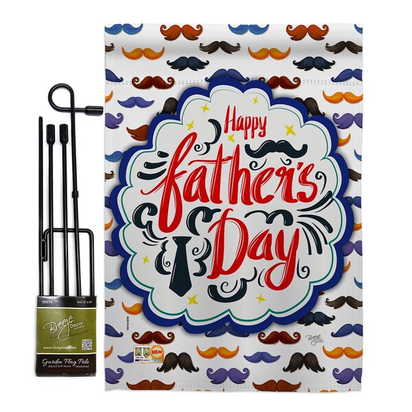 Gardencontrol 13 x 18.5 in. Happy Fathers Day Mustache Summer Vertical Double Sided Garden Flag Set w/Banner Pole - GA4127099