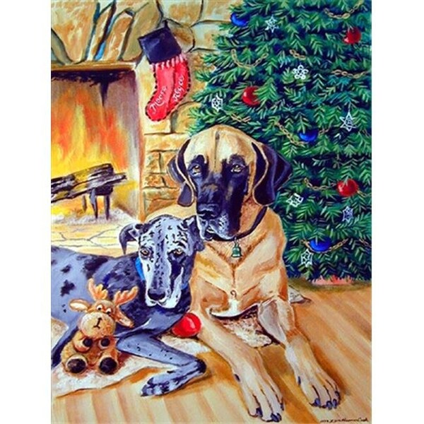 Carolines Treasures Carolines Treasures 7111CHF Harlequin and Blue Great Danes Under the Christmas Tree Canvas Flag - House Size; 28 x 40 in. - 7111CHF