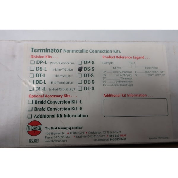 Kit de terminador de conexión no metálica Thermon, kit de empalme de cables y tubo termorretráctil - DS-S