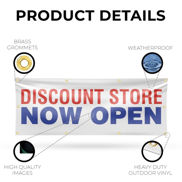 Signmission Discount Store Now Open, 36 Inch x 96 Inch, Vinyl Banner - B-96-30546