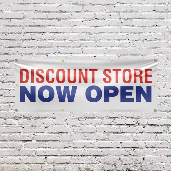 Signmission Discount Store Now Open, 36 Inch x 96 Inch, Vinyl Banner - B-96-30546