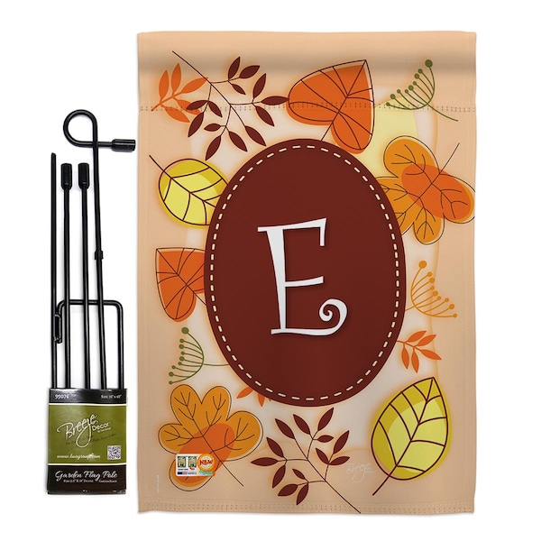 Gardencontrol 13 x 18.5 in. Autumn E Initial Fall Harvest & Vertical Dbl Sided Garden Flag Set with Banner Pole - GA4127071