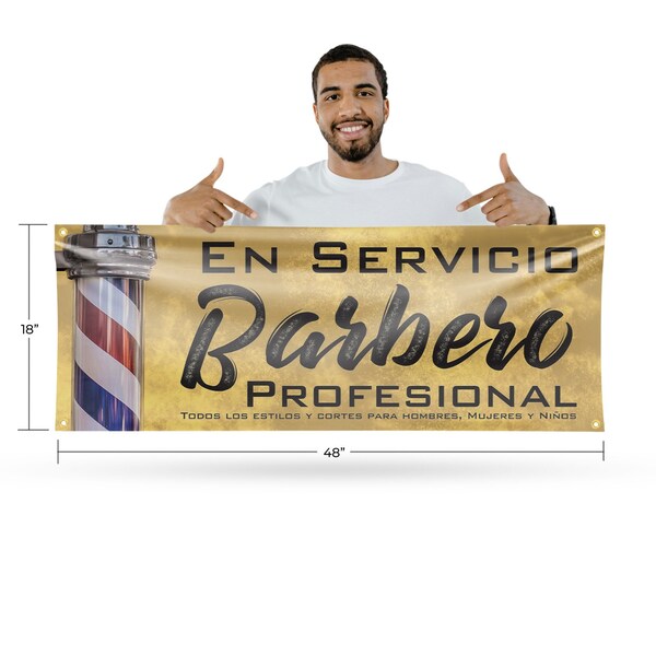 Signmission En servicio barbero profesional, 18 Inch x 48 Inch, Vinyl Banner - B-30560