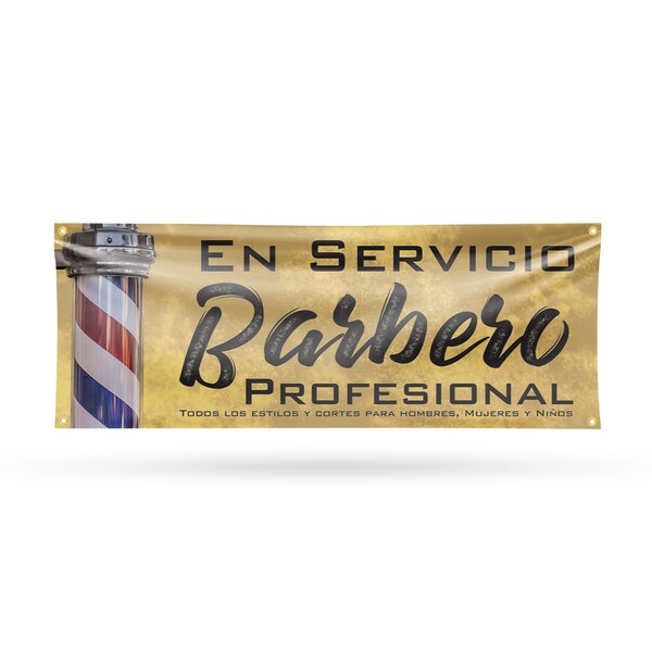 Signmission En servicio barbero profesional, 18 Inch x 48 Inch, Vinyl Banner - B-30560