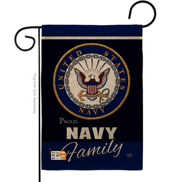 Gardencontrol 13 x 18.5 in. Navy Proudly Family Burlap Americana Military Impressions Decorative Vertical Double Sided Garden Flag - GA1486557