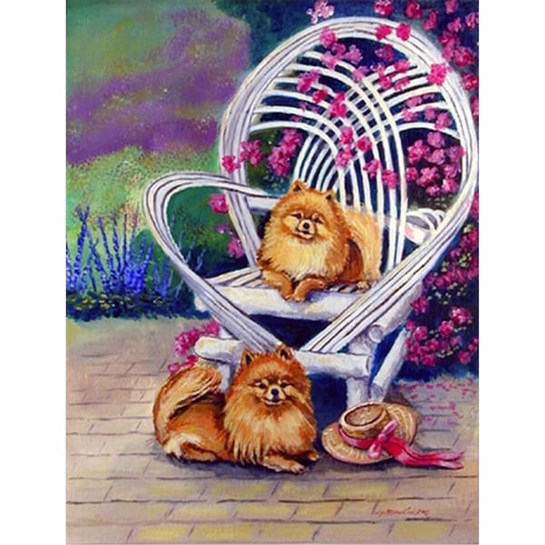 Carolines Treasures 28 x 40 in. Red Pomeranians on the Patio House Size Canvas Flag - 7176CHF