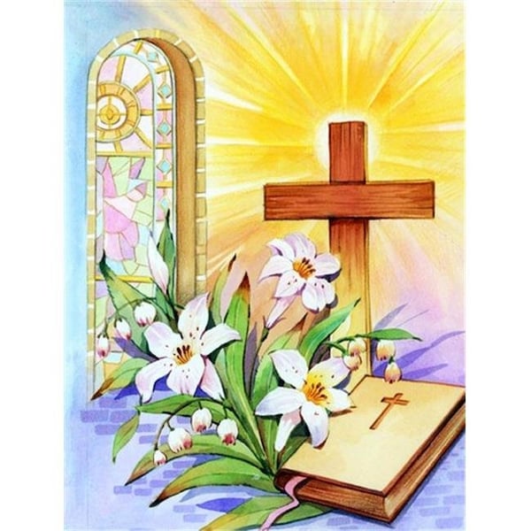 Carolines Treasures Carolines Treasures APH5433CHF Easter Cross & Bible in Stain Glass Window Flag Canvas House Size - APH5433CHF