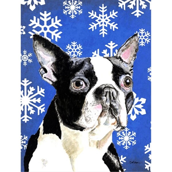 Patioplus 28 x 40 in. Boston Terrier Winter Snowflakes Holiday House Size Canvas Flag - PA55187
