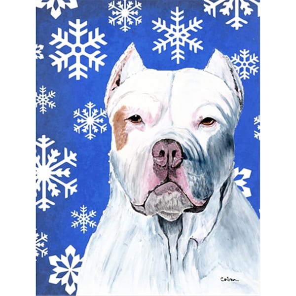 Carolines Treasures 28 x 40 in. Pit Bull Winter Snowflakes Holiday House Size Canvas Flag - SC9381CHF