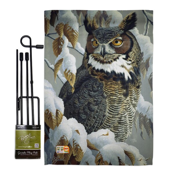Gardencontrol 13 x 18.5 in. Great Horned Owl Garden Friends Birds Vertical Double Sided Flag Set with Banner Pole - GA4122904
