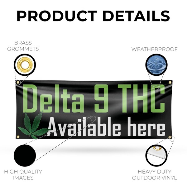 Signmission Delta 9 THC Available Here, 18 Inch x 48 Inch, Vinyl Banner - B-30539