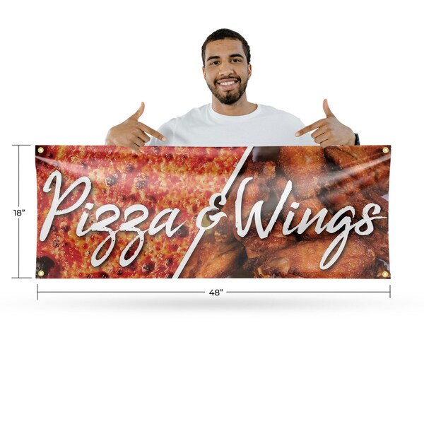 Signmission Pizza and Wings, 18 Inch x 48 Inch, Vinyl Banner - B-30804
