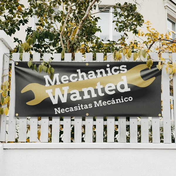 Signmission Mechanics Wanted English Spanish, 24 Inch x 72 Inch, Vinyl Banner - B-72-30735