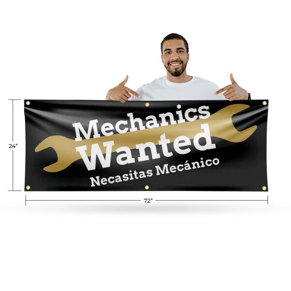 Signmission Mechanics Wanted English Spanish, 24 Inch x 72 Inch, Vinyl Banner - B-72-30735