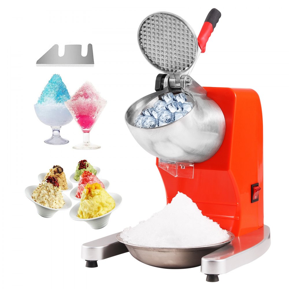 VEVOR Ice Crushers Machine, 220lbs Per Hour Electric Snow Cone Maker with 4 Blades, Stainless Steel Shaved Ice Machine with Cover and Bowl, 300W Ice Shaver Machine for Home and Commercial Use, Orange - SBJBXS220300W1L2RV1