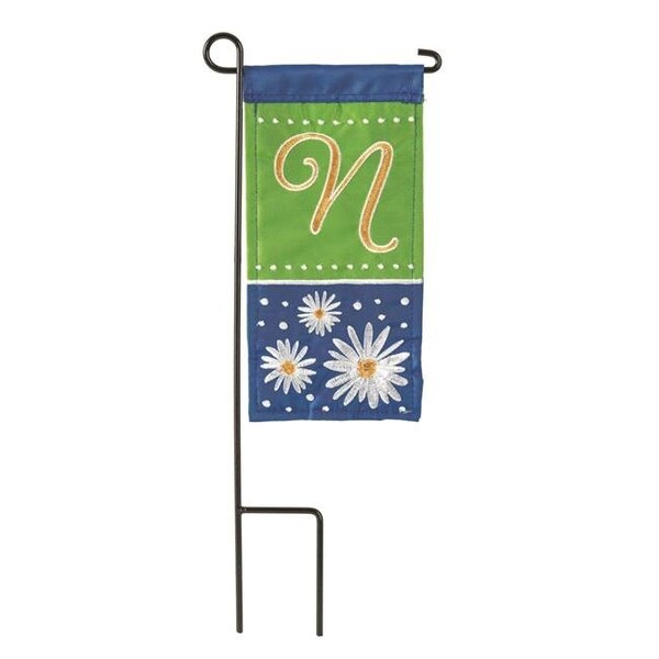 Dicksons Dicksons M040051 4 x 8.5 in. Flag Double Applique Daisy Monogram N Burlap Mini I Flag With Pole - M040051
