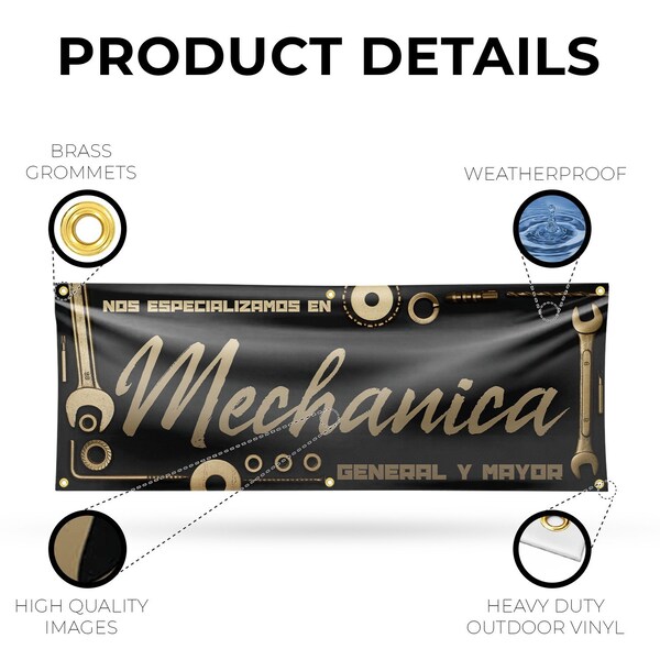 Signmission Nos Especializamos en Mechanica General y Mayor, 24 Inch x 72 Inch, Vinyl Banner - B-72-30758