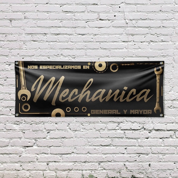 Signmission Nos Especializamos en Mechanica General y Mayor, 24 Inch x 72 Inch, Vinyl Banner - B-72-30758