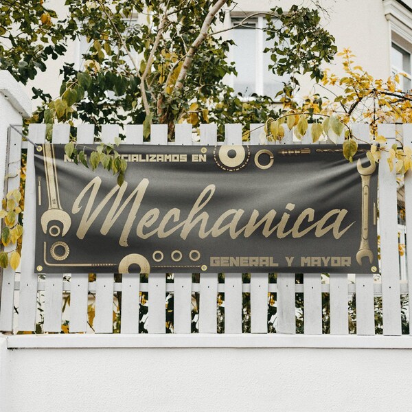 Signmission Nos Especializamos en Mechanica General y Mayor, 24 Inch x 72 Inch, Vinyl Banner - B-72-30758