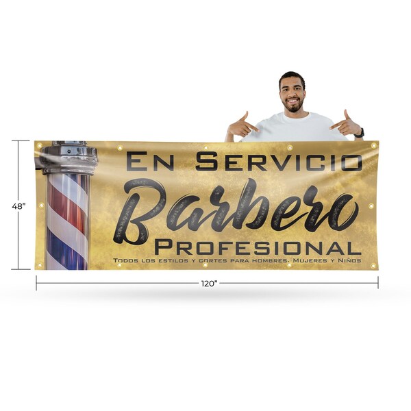 Signmission En servicio barbero profesional, 48 Inch x 120 Inch, Vinyl Banner - B-120-30560