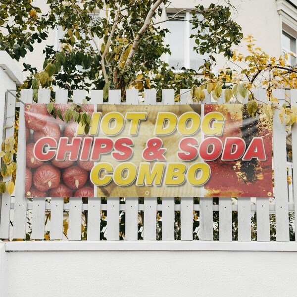 Signmission Hot Dogs Chips And Soda Combo, 24 Inch x 72 Inch, Vinyl Banner - B-72-30699