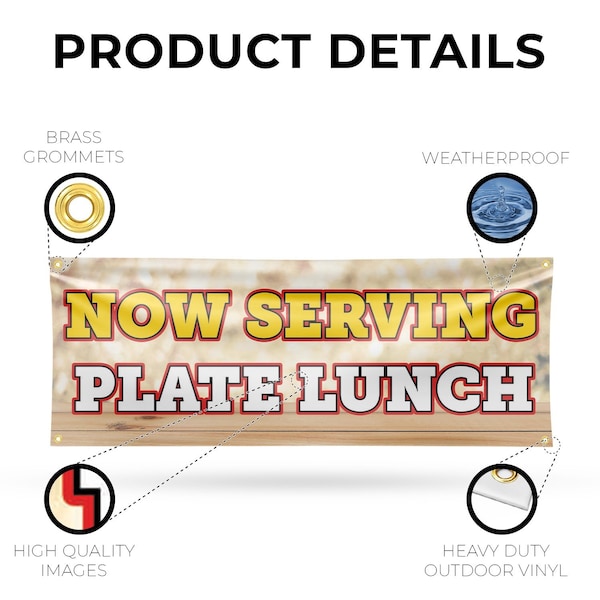 Signmission Now Serving Plate Lunch, 18 Inch x 48 Inch, Vinyl Banner - B-30766